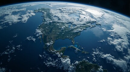 A view of earth from space showing north america and surrounding oceans with cloud formations