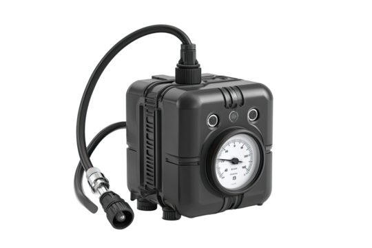 Portable, black, square air compressor.  Features a gauge,  connecting hoses, and a compact design