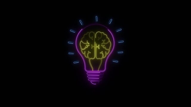 Animation glowing neon light bulb brain icon, inspiration, innovation. Use of bright electric colors represents power thought, idea generation, futuristic thinking, digital knowledge symbol.