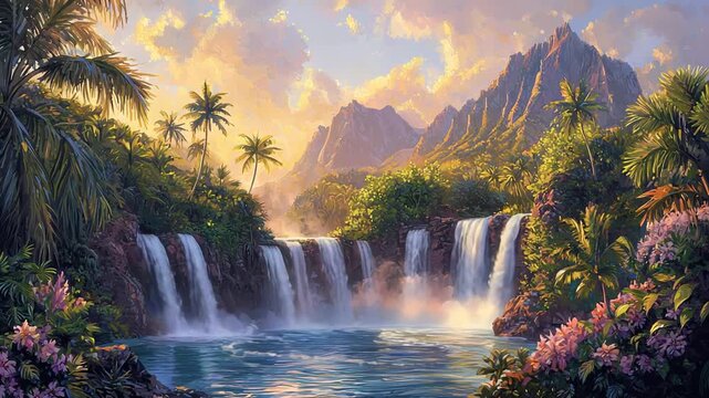 Lush tropical waterfalls surrounded by mountains and forest  
