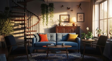Cozy living room with spiral staircase. Sunlight streams in