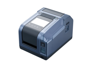 Gray/blue label printer,  compact and modern.  Features a screen and controls