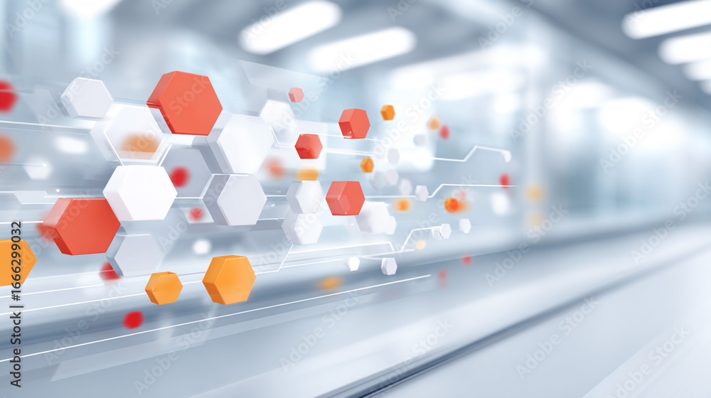 Poster abstract digital illustration featuring colorful hexagons and lines, creating a dynamic visual effec