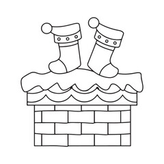 Christmas stockings hanging from a snowy chimney top in a line art illustration santa