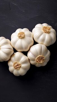 Five garlic bulbs sit on a dark slate surface, evoking a rustic kitchen atmosphere, perfect for autumnal cooking themes, popular in health-focused culinary scenes