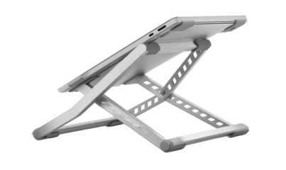 Light gray laptop riser, angled, adjustable