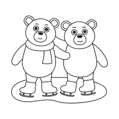 Two cute cartoon bears ice skating together on a frozen surface with a winter background animals