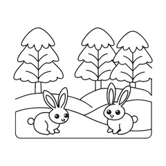 Two cute cartoon bunnies in a snowy landscape with trees in outline style for coloring rabbits