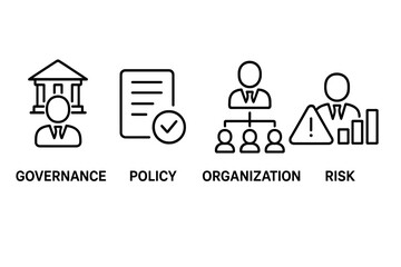 Business risk management outline icon set. Governance, policy, corporate organization, and financial risk symbols. Vector icons for compliance, regulation, and strategy concepts.
