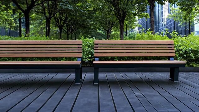 Urban park benches surrounded by greenery in a modern city setting