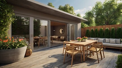 Fototapeta premium House terrace with outdoor seating and flower garden, photorealistic