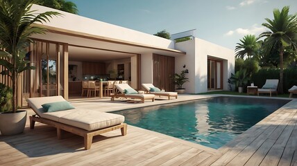 Fototapeta premium House terrace with pool and summer furniture, 3D tropical style