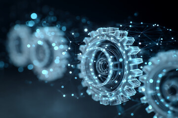 Futuristic gears and glowing network connections representing innovation, technology, and digital transformation in business and industry
