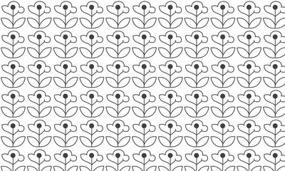 Simple black and white line art pattern of smiling flowers on a white background floral