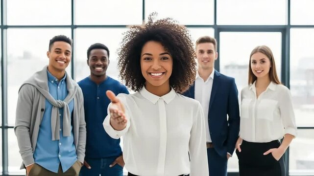 A diverse group of business professionals stands together in a modern office, with a smiling woman extending her hand for a handshake