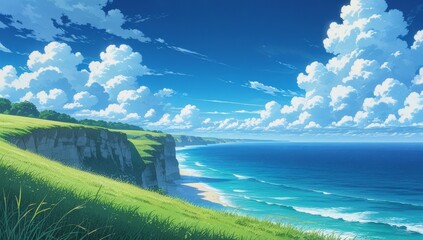 Anime aesthetic landscape ocean view cinematic composition