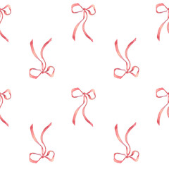 Hand painted watercolor pink bows seamless pattern isolated. Charming repeat print of coquette bows hand painted. Endless background for girly textiles, stationery, and romantic branding.