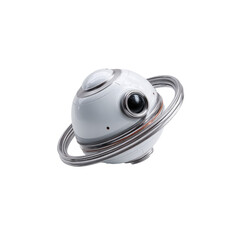 Futuristic robotic orb with ring feature, clean white design, and dark eye-like details