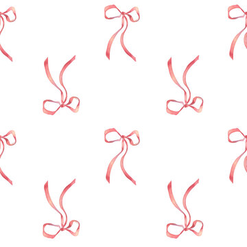 Hand painted watercolor pink bows seamless pattern isolated. Charming repeat print of coquette bows hand painted. Endless background for girly textiles, stationery, and romantic branding.