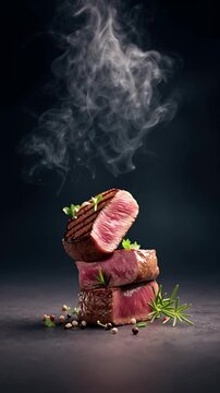 Three juicy grilled steak pieces stacked with fragrant herbs, exuding a mouthwatering aroma in a gourmet setting, perfect for barbecue enthusiasts and holiday feasts