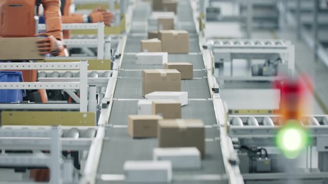 Close-up: Packages on Conveyor are Being Sorted and Moved by Autonomous AI-Enabled Humanoid Robot at Fulfillment Center. Automated Warehouse or Distribution Center with Advanced General Purpose Robots