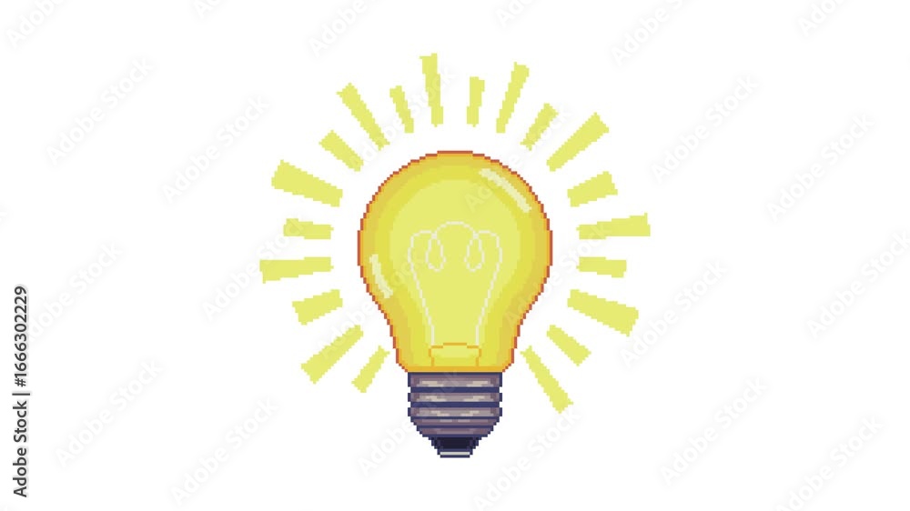 Poster pixel art light bulb turning on animation. retro 4k motion design idea concept. 16-bit style animate