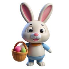 Cute 3d easter bunny holding a basket filled with colorful eggs for holiday celebrations transparent background