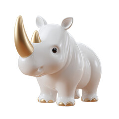 Fototapeta premium Ceramic white rhino statue with golden horn, shiny, cute design, on black background