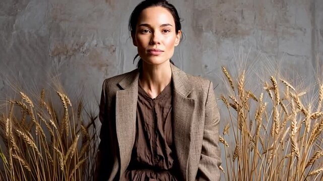Young Asian woman in a stylish blazer sits confidently, rustic wheat stalks create an autumn vibe, textured gray wall adds a modern touch