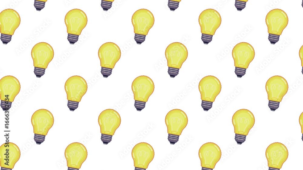 Poster looped pixel art animation of glowing light bulb pattern on white background. retro 8 bit seamless d