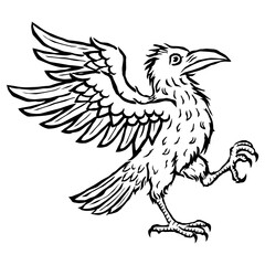 Hand drawn engraving style raven vector illustration. Vintage medieval crow or rook with spread wings, heraldic gothic bird design for tattoo, logo, coat of arms, fantasy art, or decorative print.