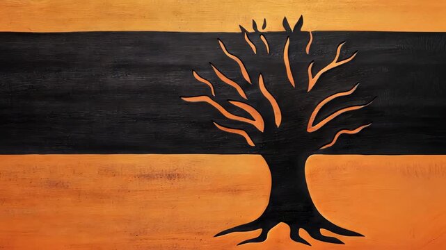 Abstract silhouette of a tree against an orange and black background