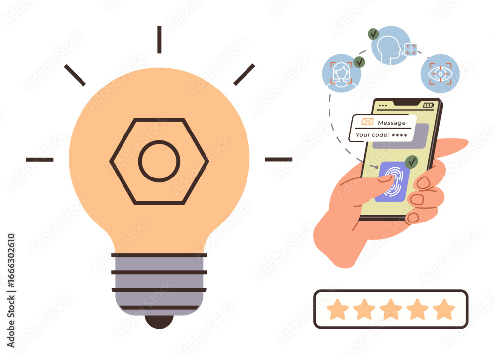 Poster hand using smartphone for biometric fingerprint authentication and message confirmation. light bulb 