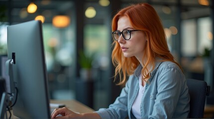 Woman with red hair and glasses working on a desktop computer in an office environment setting