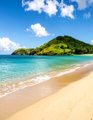 Obraz premium Lush tropical island paradise with a pristine beach and turquoise waters under a vibrant blue sky.