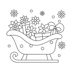 Christmas sleigh filled with gifts and flowers with snowflakes falling Santa presents