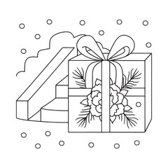 Christmas gift box with pine branches and a pinecone next to a snowy slide present ribbon