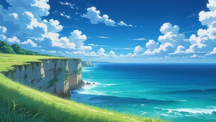 Anime aesthetic landscape ocean view cinematic composition