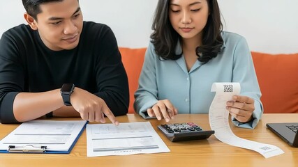 Young asian couple managing household finances, reviewing bills, calculating expenses, and planning budget together at home with calculator - Powered by Adobe