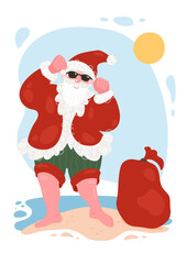 Santa Claus with bag on the beach. Christmas vector illustration.