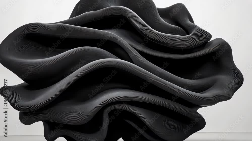 Poster abstract dark sculpture with flowing waves in minimalist setting