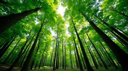 Worm's eye view of tall trees with bright green leaves reaching towards the sky in a forest scene