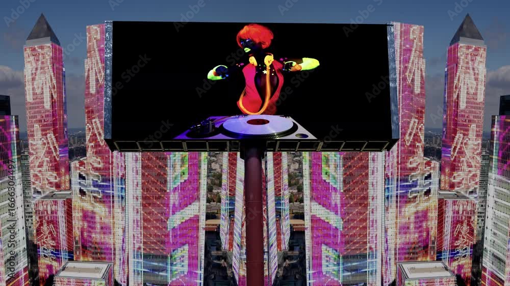 Poster city with overlayed code and data and billboard with disco dancer
