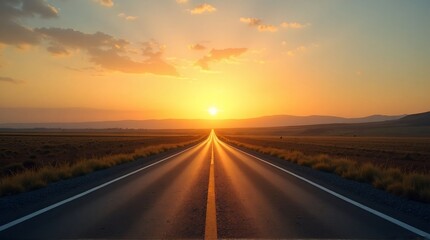 Naklejka premium A long road stretching towards the horizon at sunset with a bright sun in the distance sky view