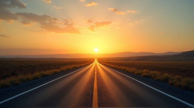A long road stretching towards the horizon at sunset with a bright sun in the distance sky view - Powered by Adobe
