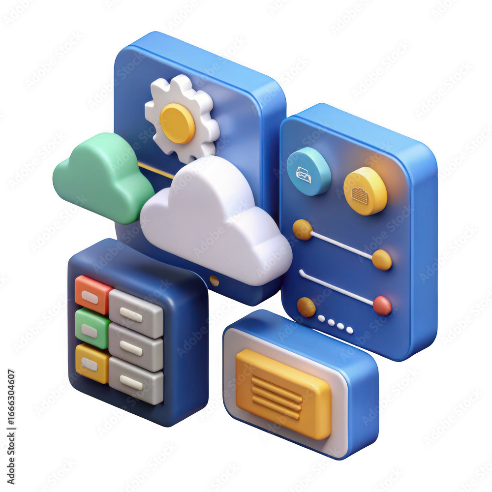 Poster 3d isometric cloud computing technology icons isolated on transparent background