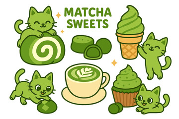 Cute matcha green tea sweets and cats. Kawaii kitten character with desserts. Vector set with cake, mochi, ice cream, cupcake, latte. Cartoon food illustration for sticker.