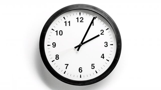 Timelapse video (looped) of a full 12-hour rotation of the hands of a classic black and white wall clock against a white wall.  A symbol of the transience of time and life.