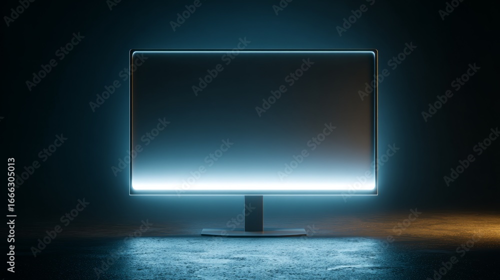 Poster flat screen computer monitor mockup on dark backdrop, minimalistic 3d rendering with sharp angles, s