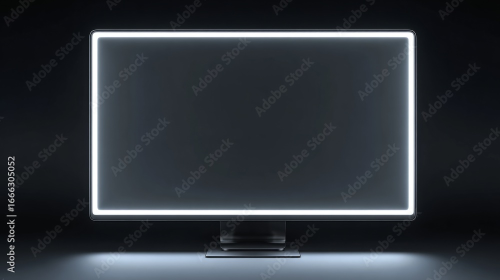 Poster flat screen computer monitor mockup on dark backdrop, minimalistic 3d rendering with sharp angles, s